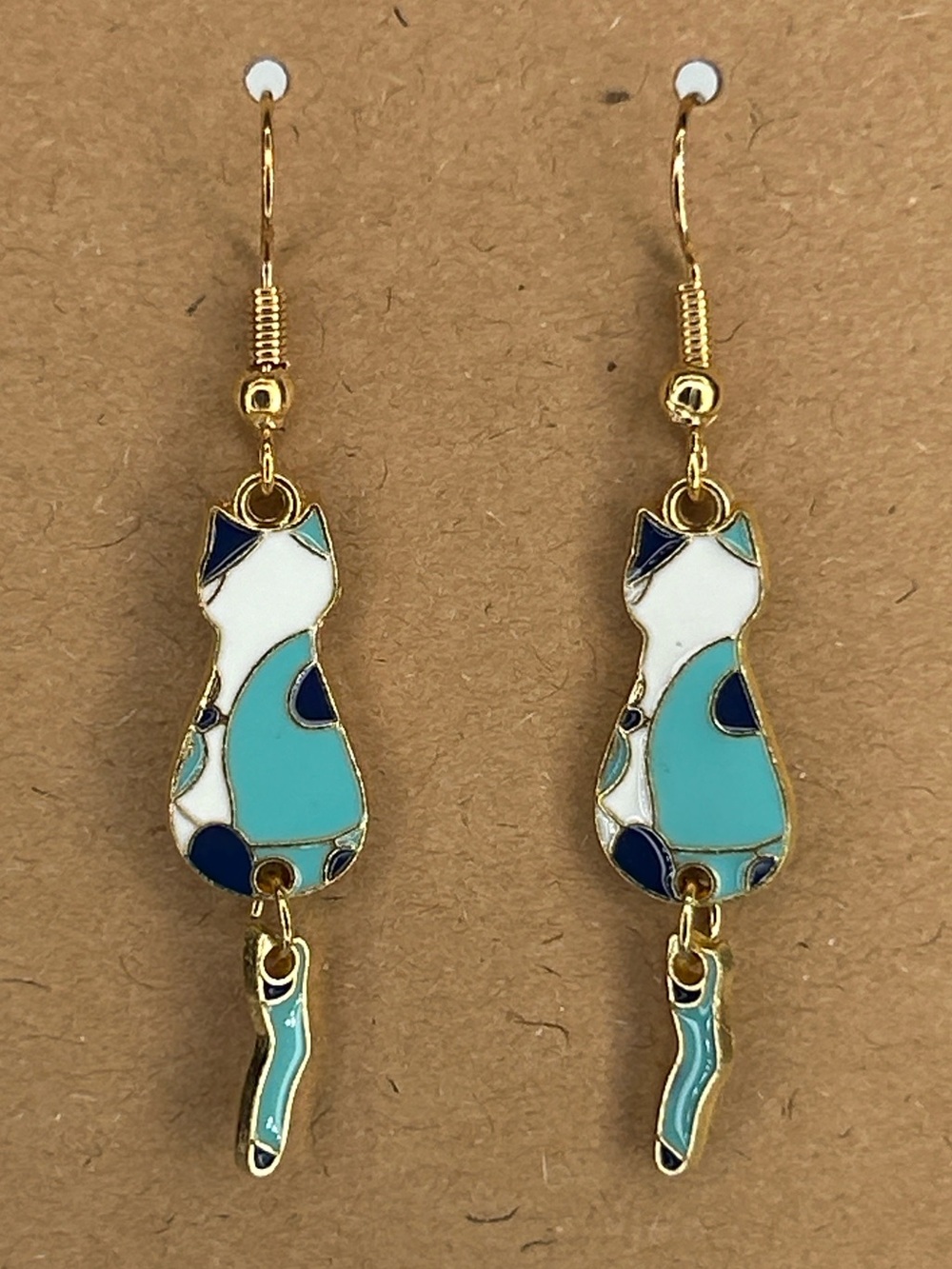 Gold Cat Drop Dangle Tail Earrings in Turquoise/Blue and White Fashion Jewelry